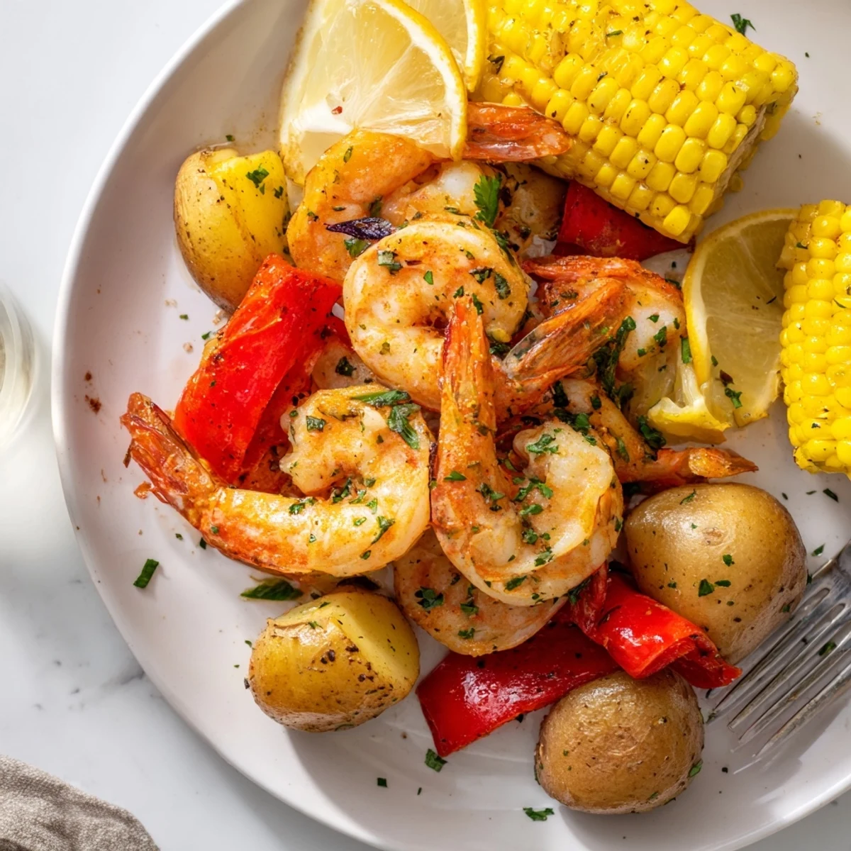 Spicy Cajun shrimp & sweet corn on a lively platter, perfect for summer feasts.