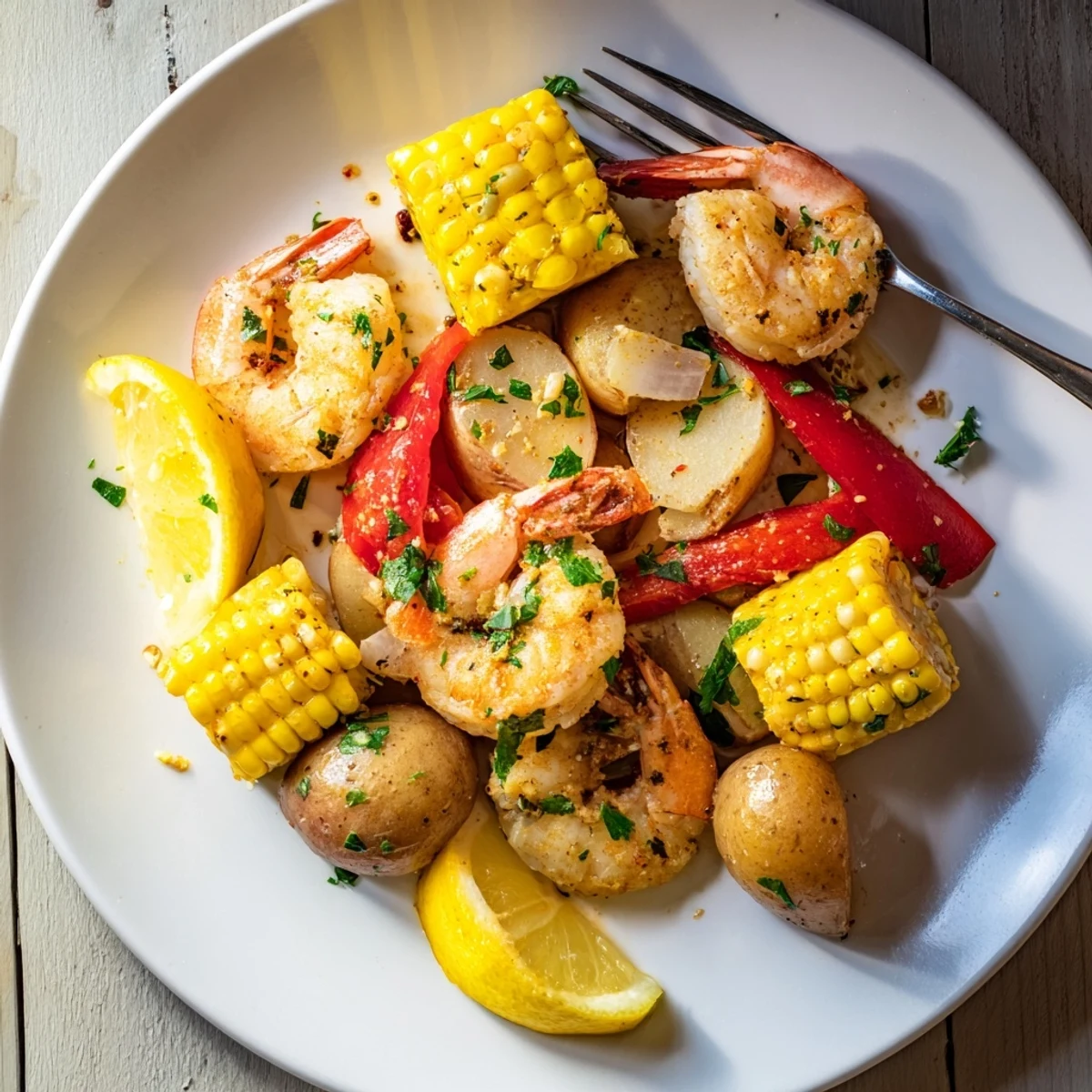 Succulent Cajun shrimp & sweet corn served alongside golden roasted potatoes.  