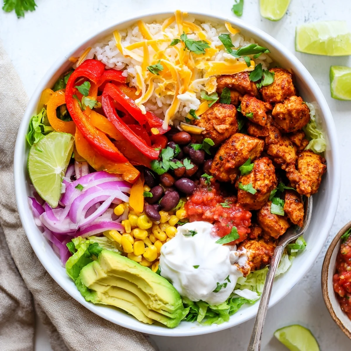 Delicious Sheet Pan Chicken Burrito Bowls piled high with fresh toppings and avocado.  