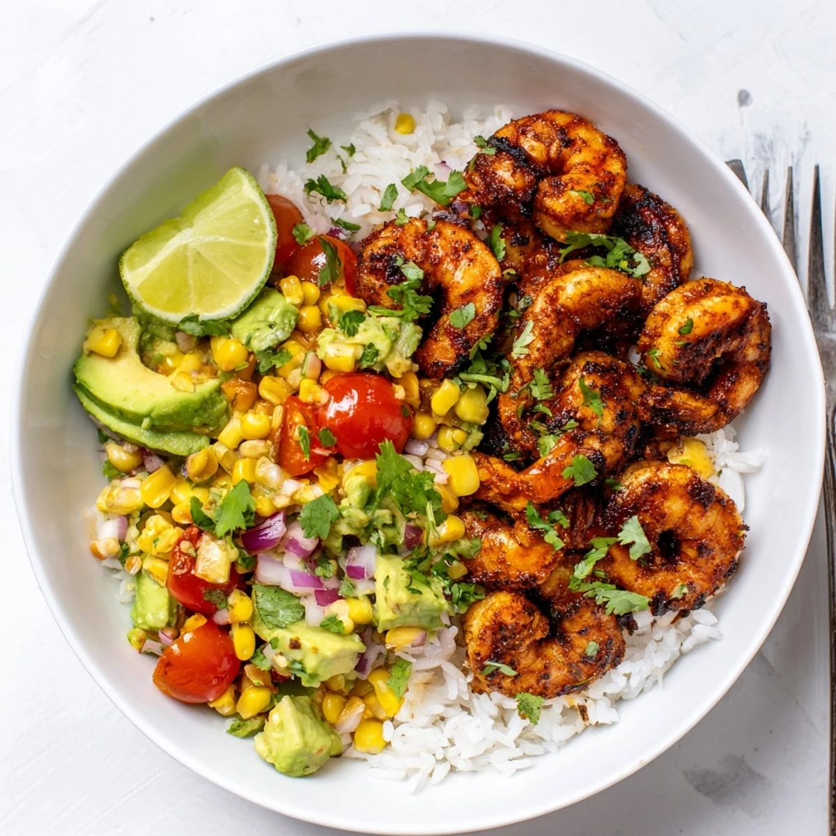 Spicy blackened shrimp served on fluffy rice with fresh avocado corn salsa.