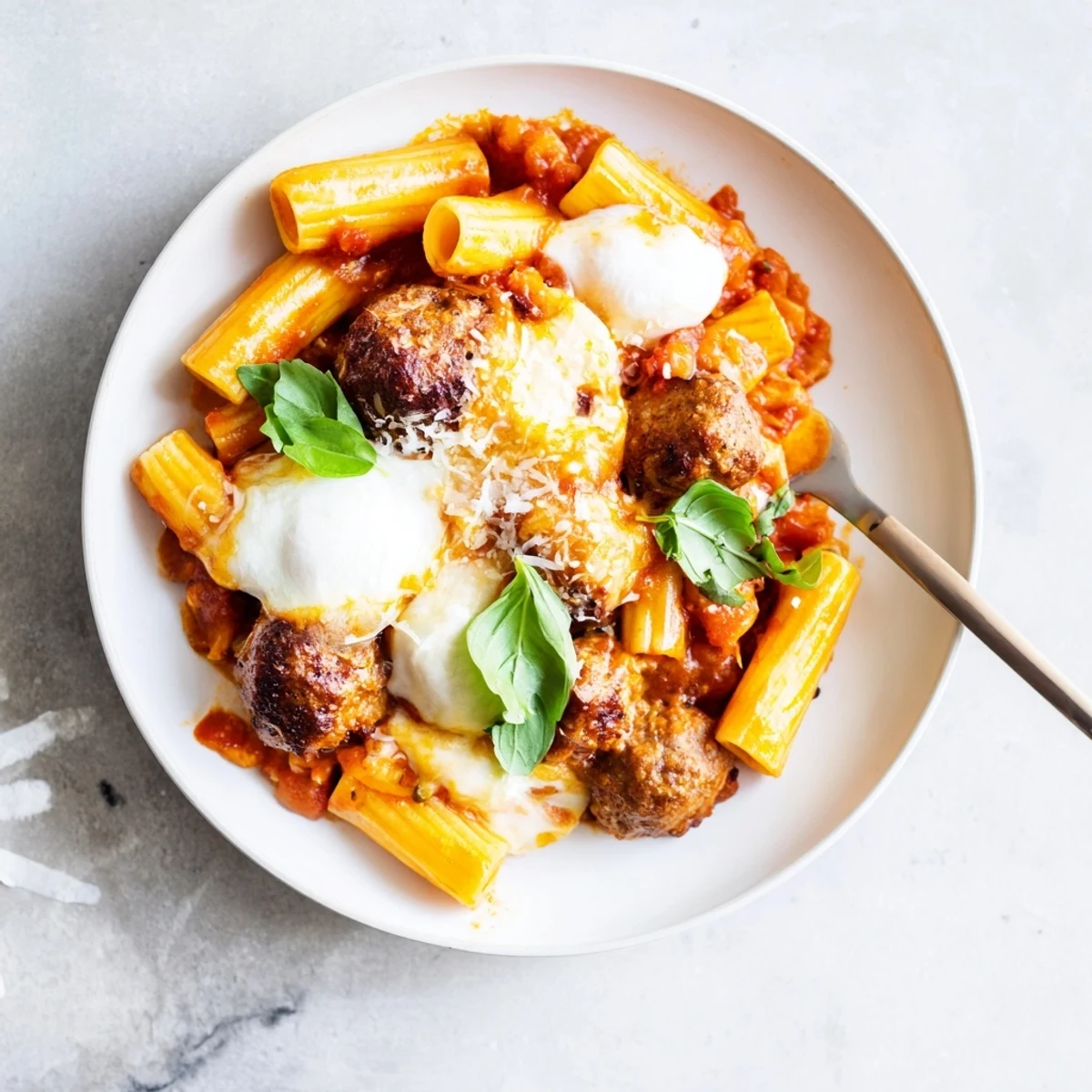 A comforting Italian Meatball Pasta Skillet full of rich flavors and tender pasta.  