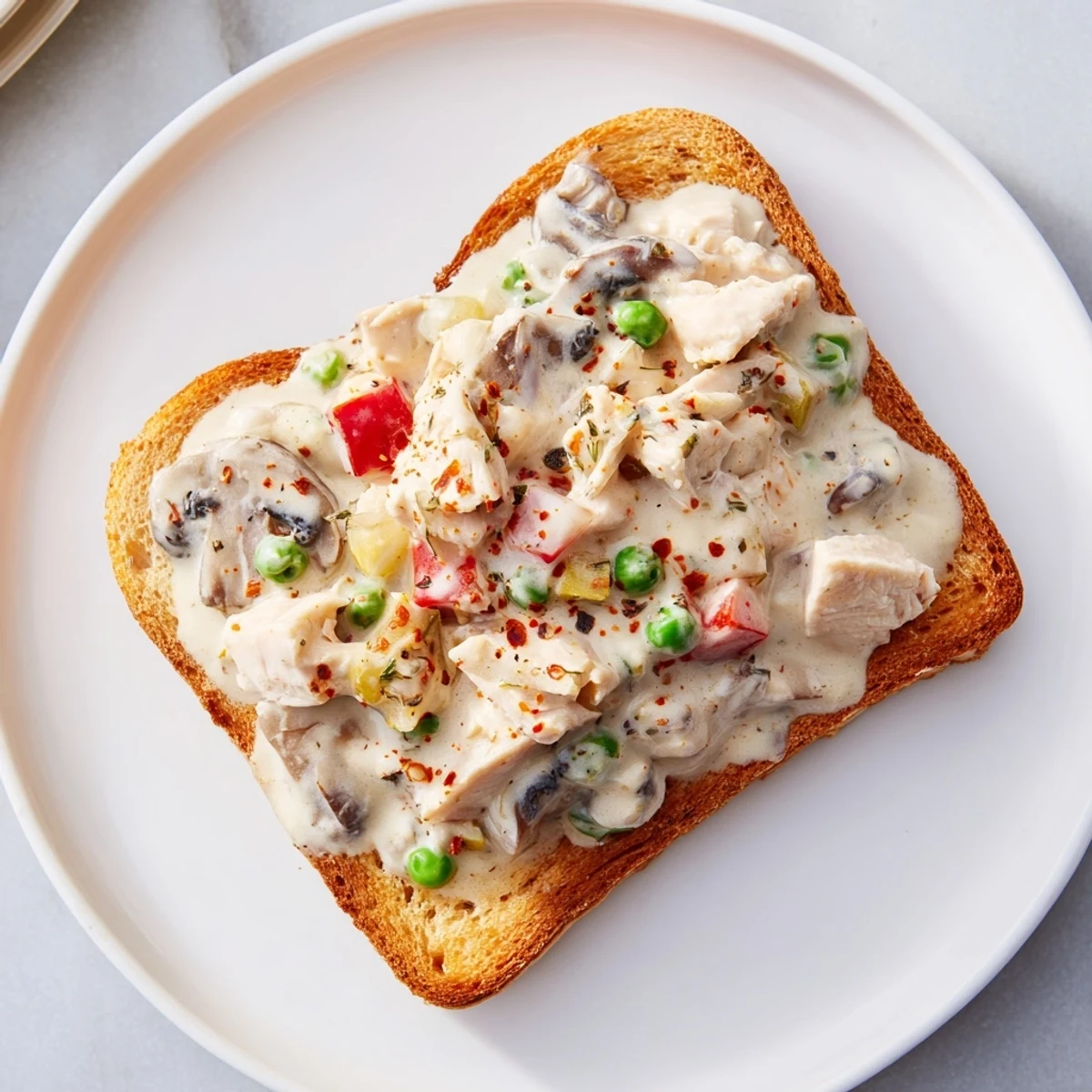 Creamy Chicken à la King over toast, a warm comfort food dish with savory mushroom sauce.