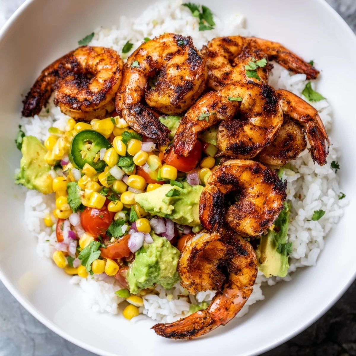 Delectable Easy Grilled Shrimp Bowls feature beautifully grilled shrimp and fresh, creamy avocado topping.
