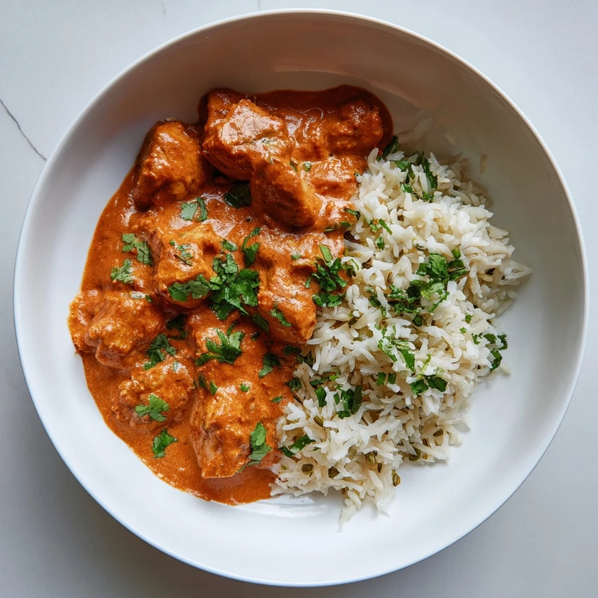 A close-up image showcases the rich colors and textures of butter chicken and fluffy rice pilaf.