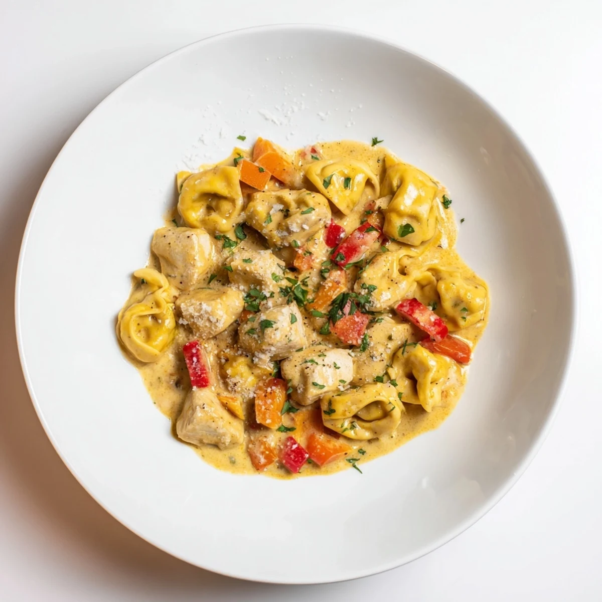 Creamy Zesty Cajun Garlic Parmesan Chicken Tortellini, a flavorful pasta dish with golden chicken and fresh parsley.
