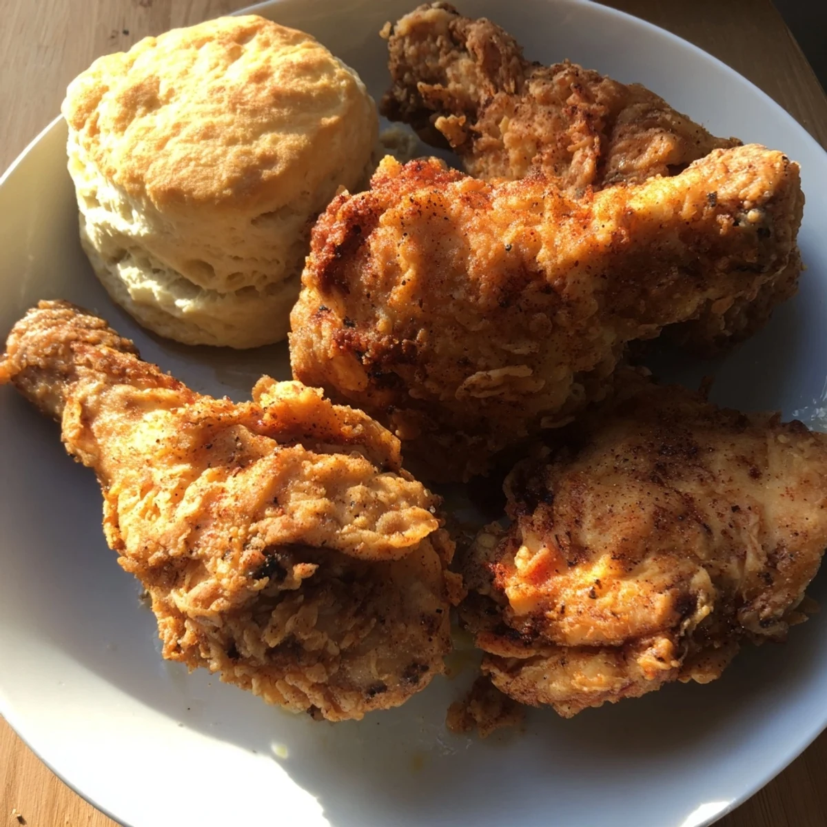 Golden-brown Southern Fried Chicken served alongside warm, fluffy buttermilk biscuits, ready to be enjoyed.