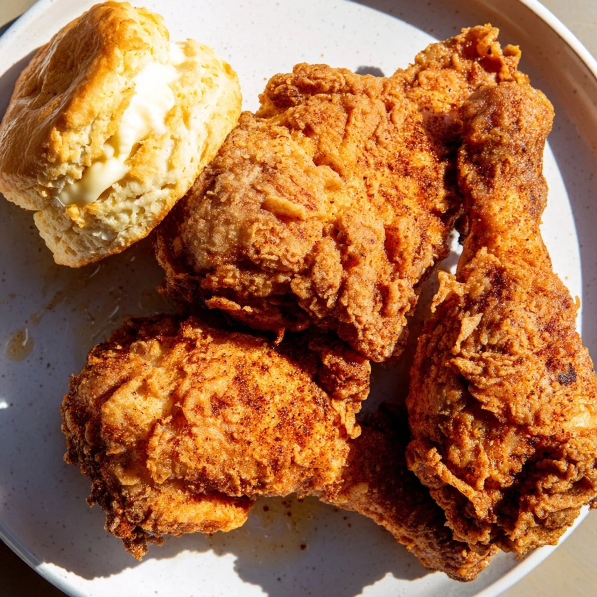 Enjoy a plate of classic comfort food: juicy Southern Fried Chicken and buttery, homemade buttermilk biscuits.