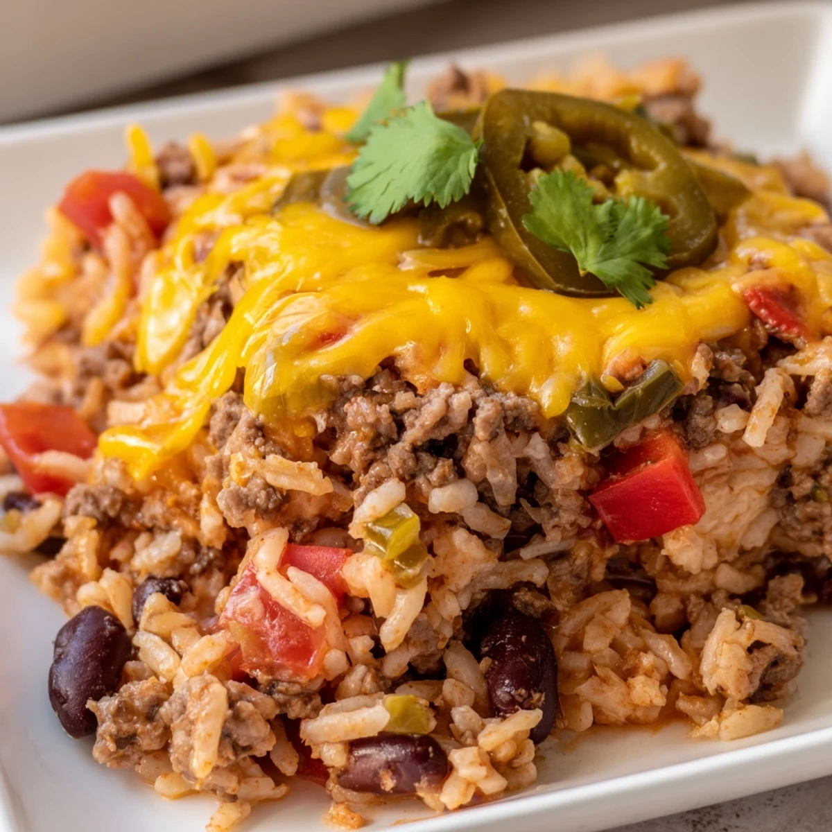 Steaming Tex-Mex Beef & Rice Casserole, topped with melted cheese, offers a warm, savory aroma and texture.