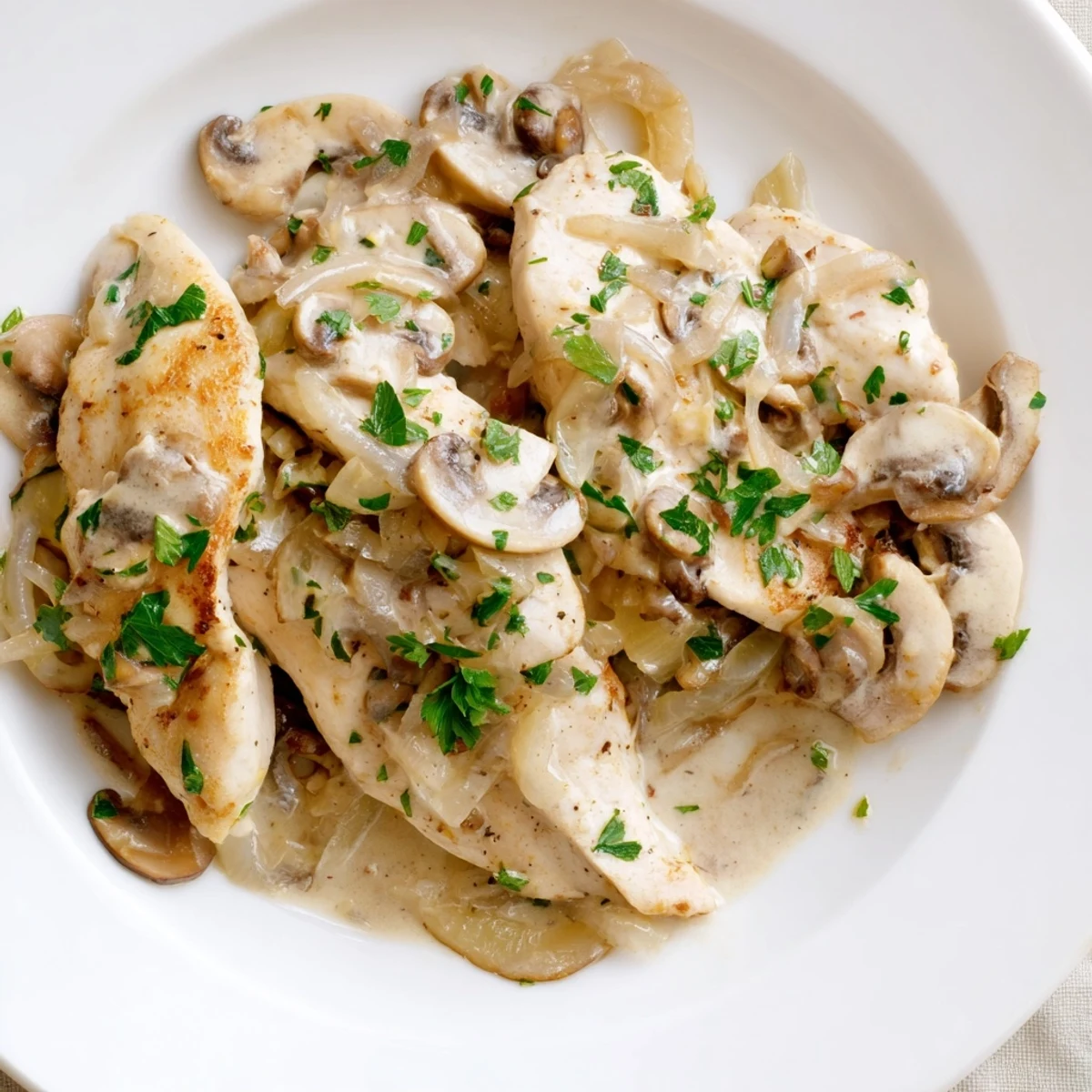 Sizzling skillet holding delicious Creamy Chicken Stroganoff, ready to be served over fluffy egg noodles.
