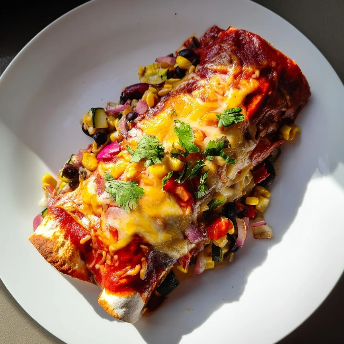 Farmers Market Vegetarian Enchiladas bubbling with cheese, featuring colorful roasted vegetables, ready to serve.