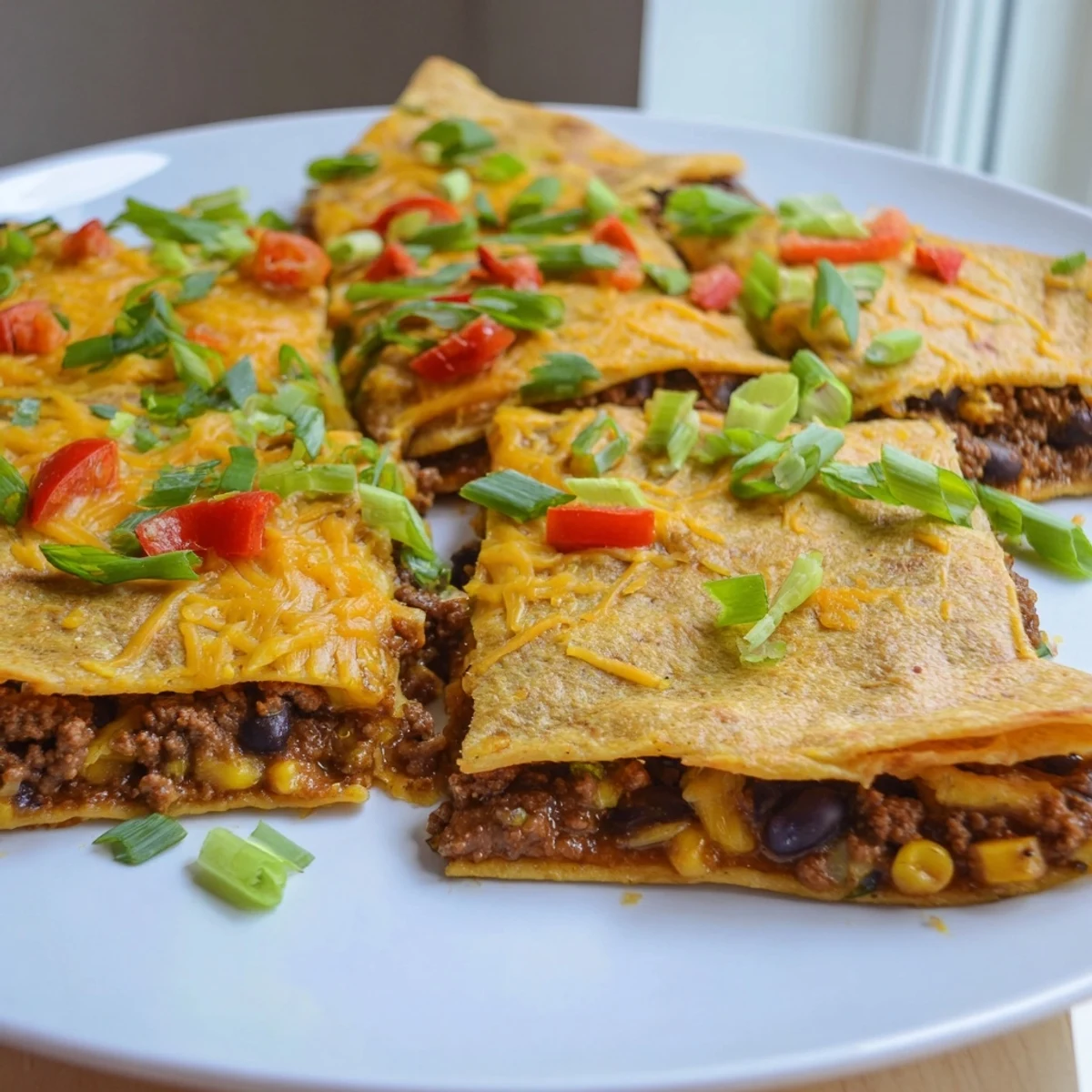 Golden Sheet Pan Quesadillas with beef brimming with melted cheese and savory, seasoned ground beef.
