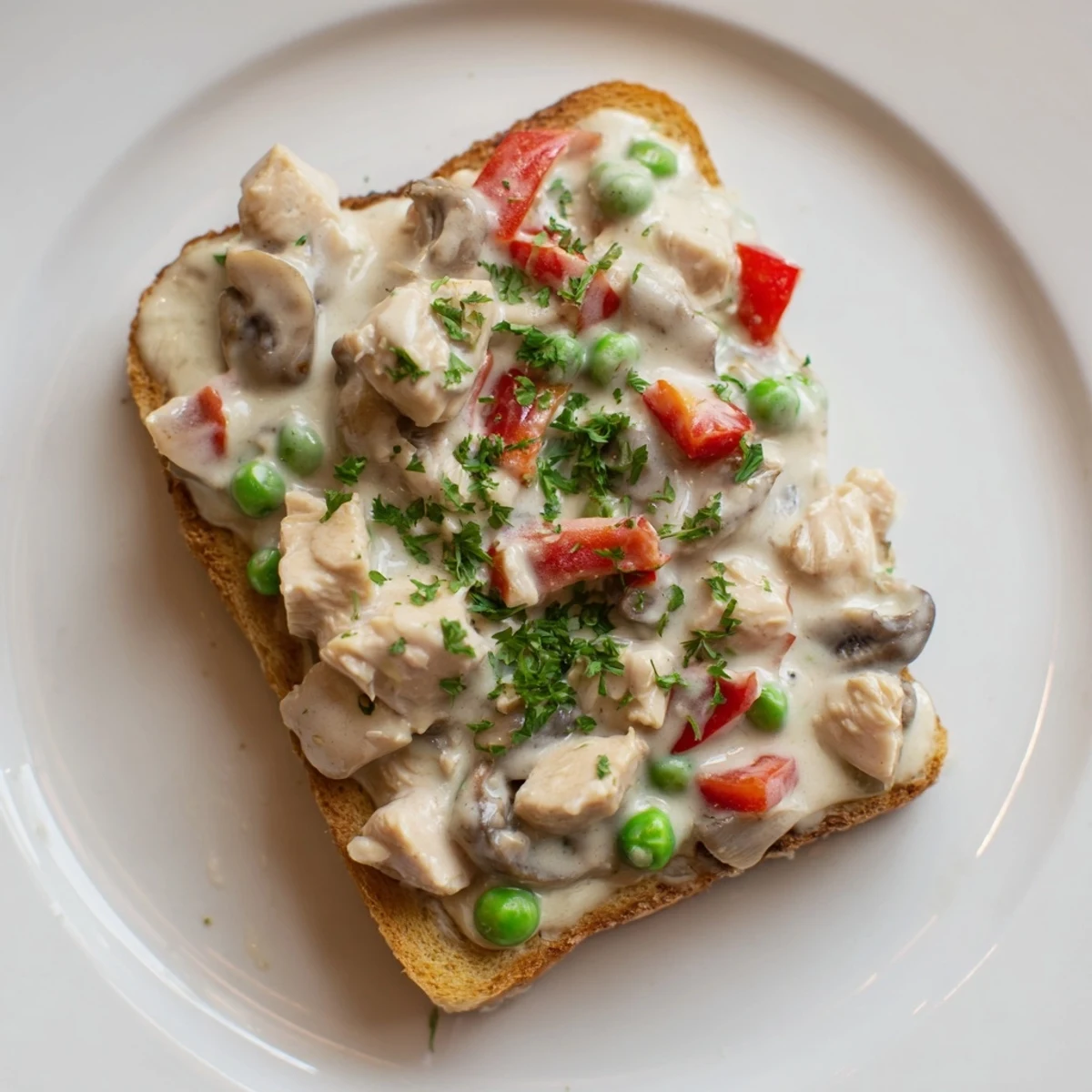 Hearty and creamy Chicken à la King, spooned over golden, buttered toast for a comforting meal.