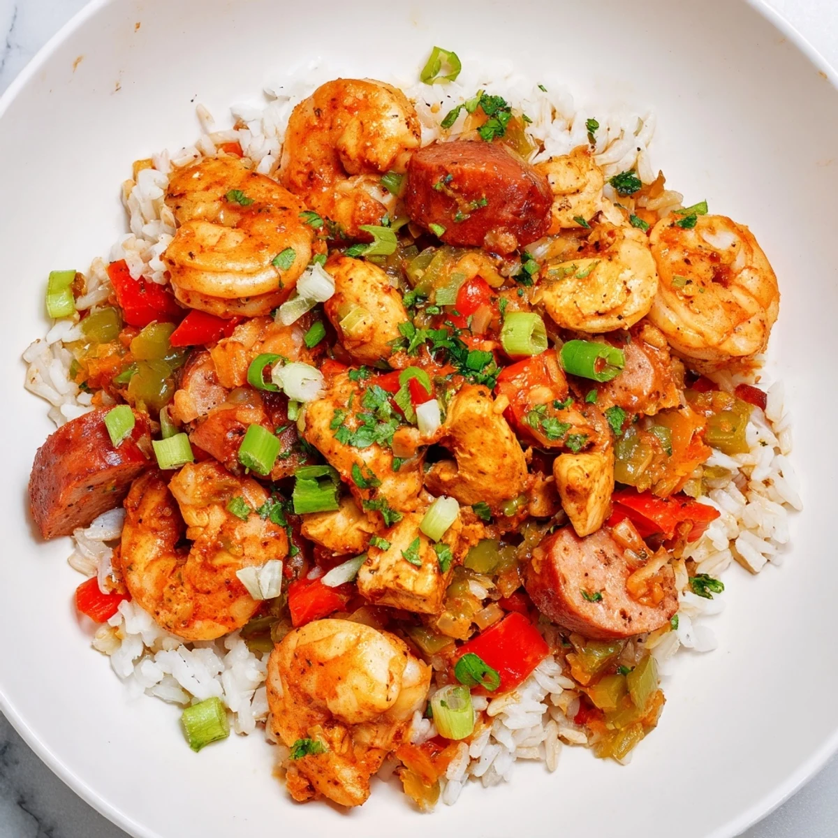 Close up of a Cajun Jambalaya Rice Bowl, showcasing the vibrant colors and hearty ingredients in each bite.