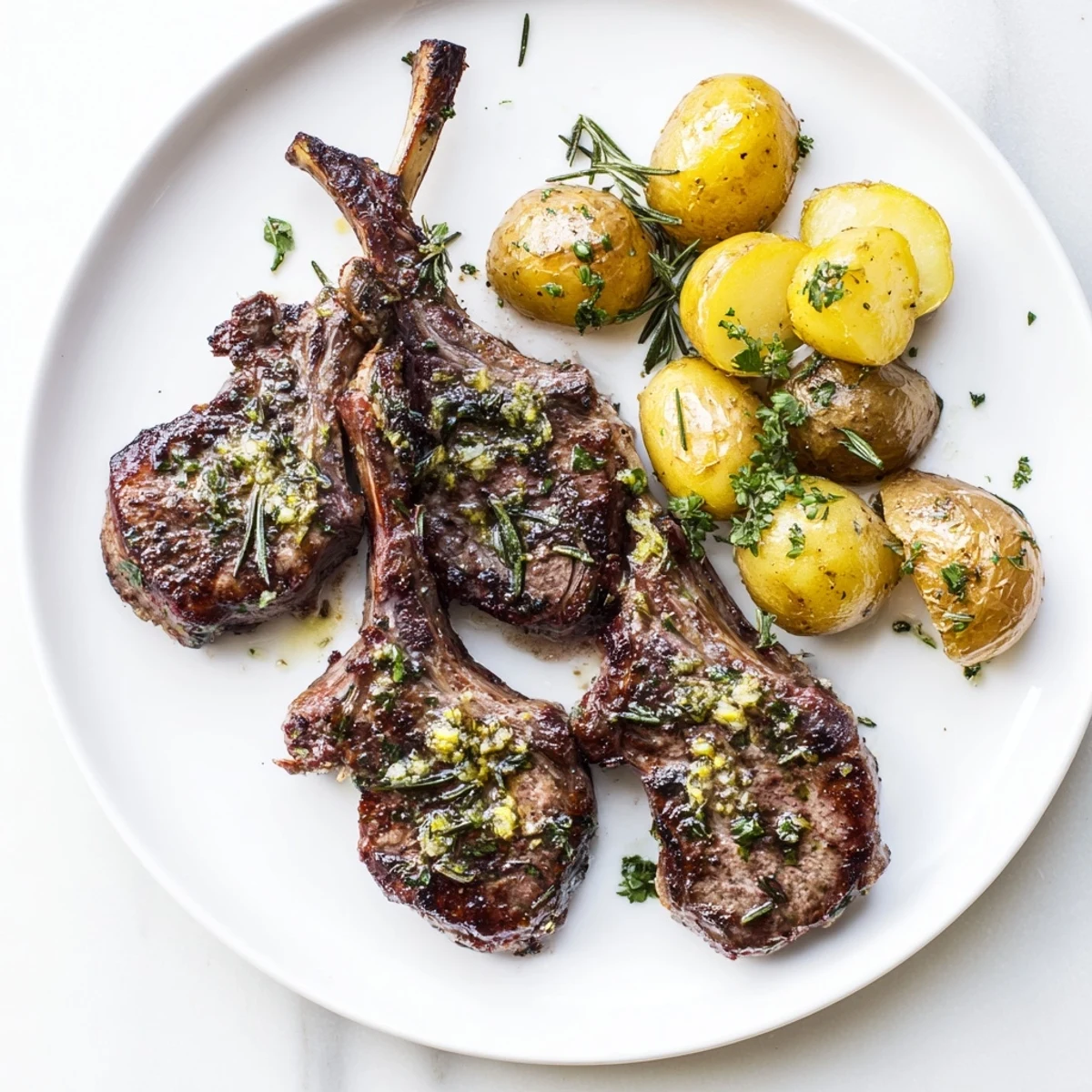 Beautifully seared herbed lamb chops with golden roasted potatoes, perfect for a flavorful dinner.
