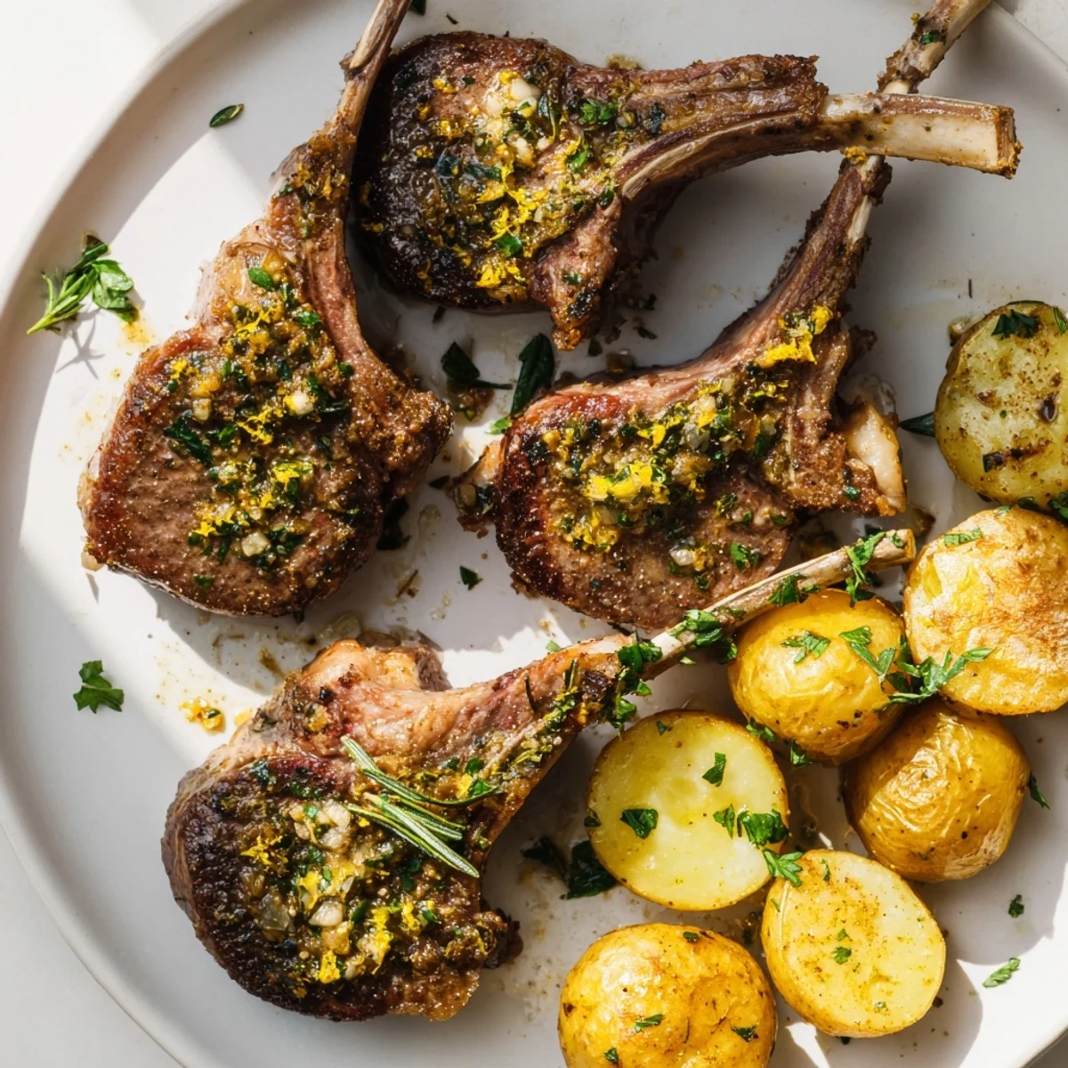 Close-up of herbed lamb chops glistening beside fluffy roasted potatoes; a delicious, aromatic plate.