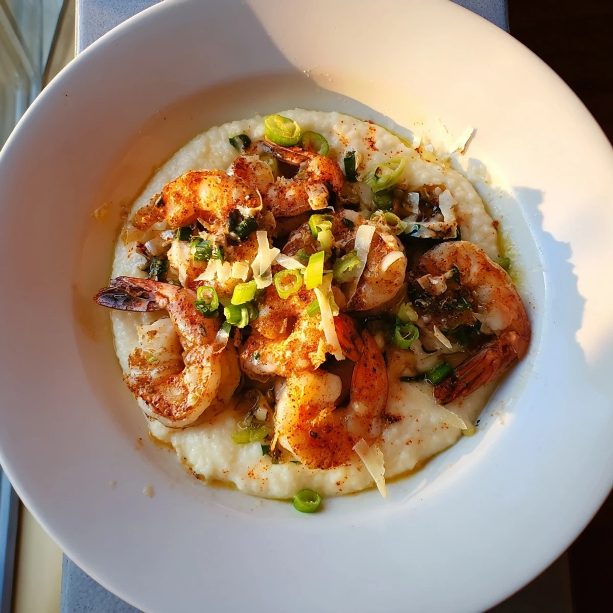 Golden-brown shrimp & grits, a Southern dinner with garlic butter sauce, ready to serve and enjoy.