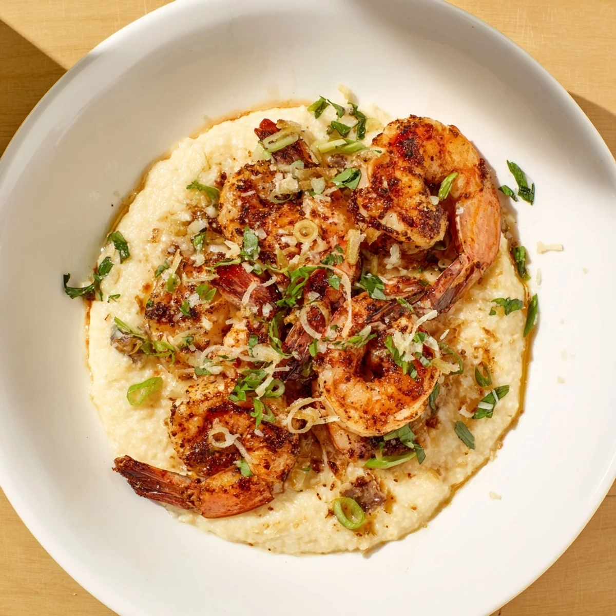 Creamy, cheesy grits topped with succulent shrimp and garlic butter, a savory shrimp & grits dish.