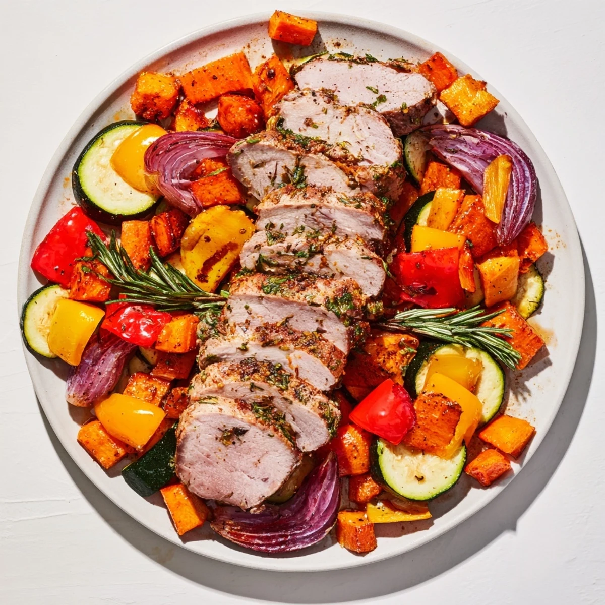 Tender slices of roasted garlic pork tenderloin surrounded by colorful, perfectly cooked vegetables.