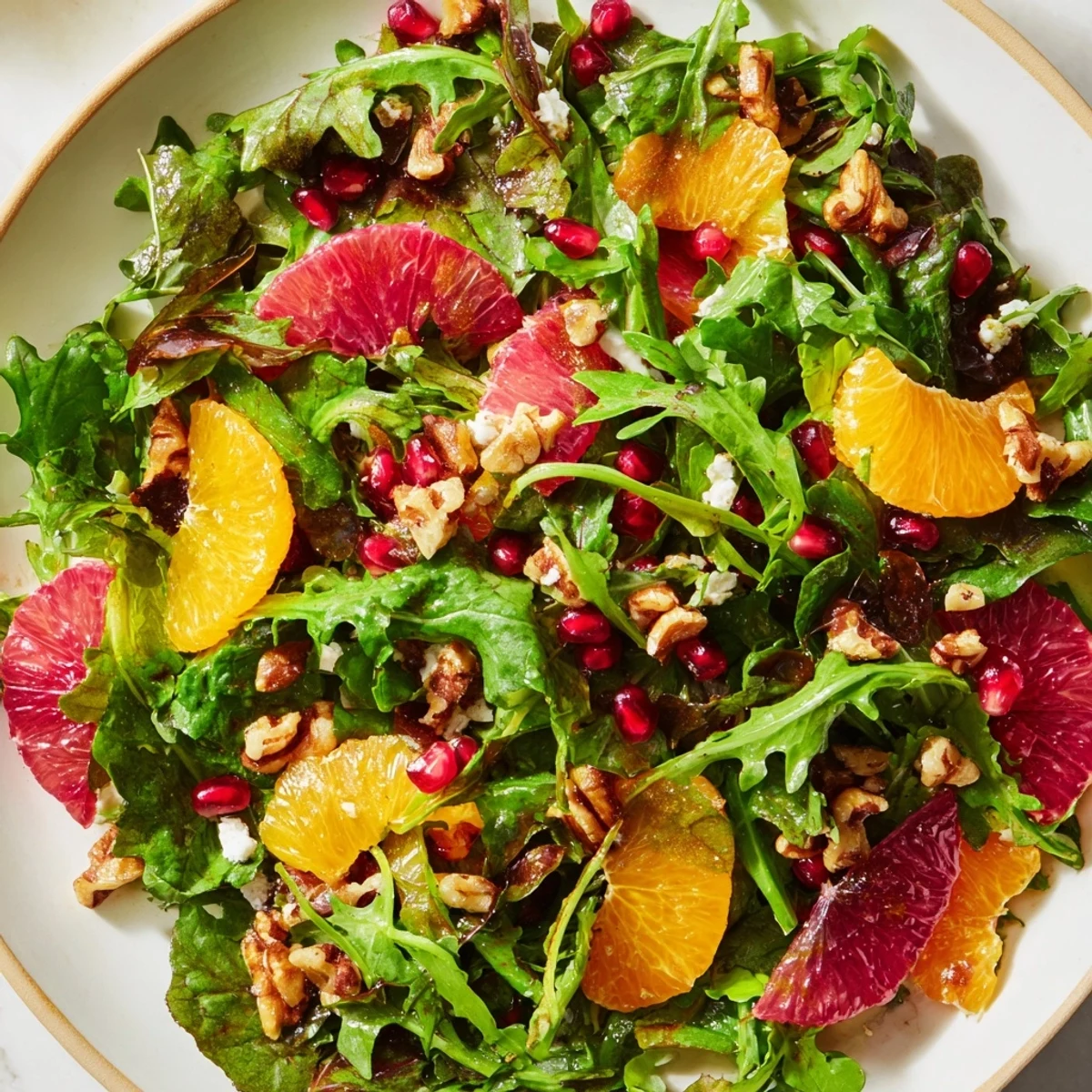 Enjoy a colorful bowl of Winter Greens Salad with pomegranate seeds and a zesty dressing for a light lunch.