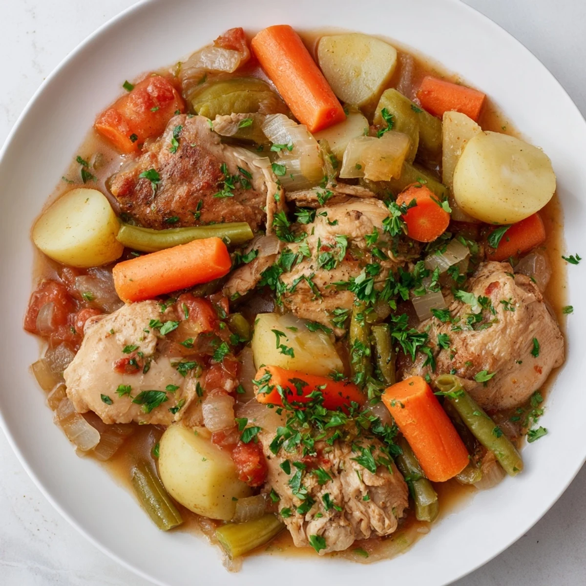 Steaming bowl of Slow-Cooker Chicken & Vegetable Stew, a hearty comforting meal served with fresh parsley.