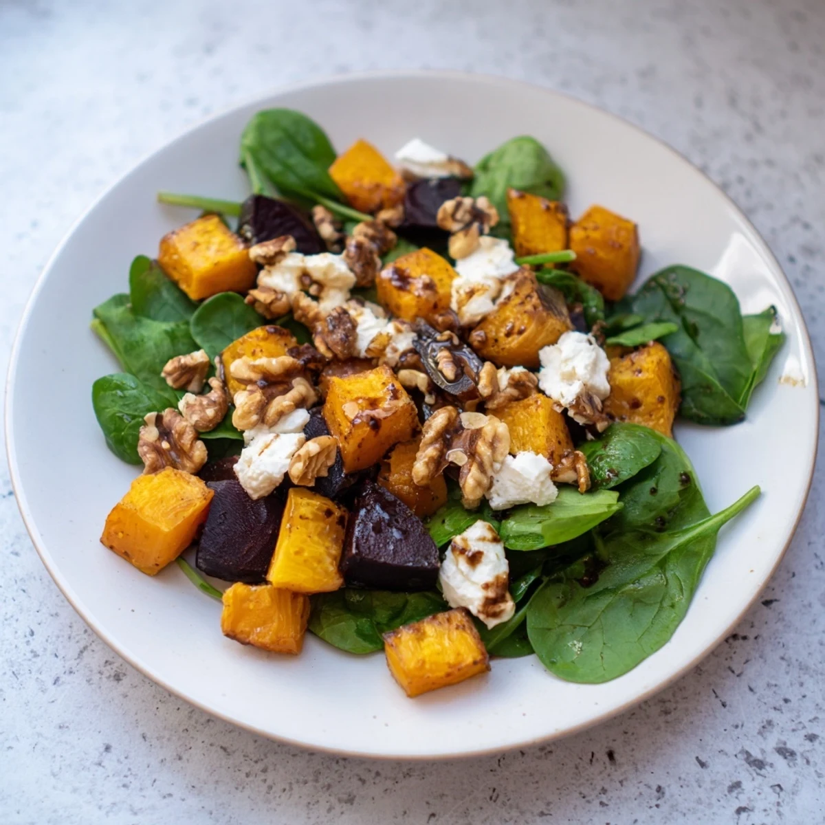 A colorful plate with the roasted beet, butternut & spinach salad featuring goat cheese and walnuts.