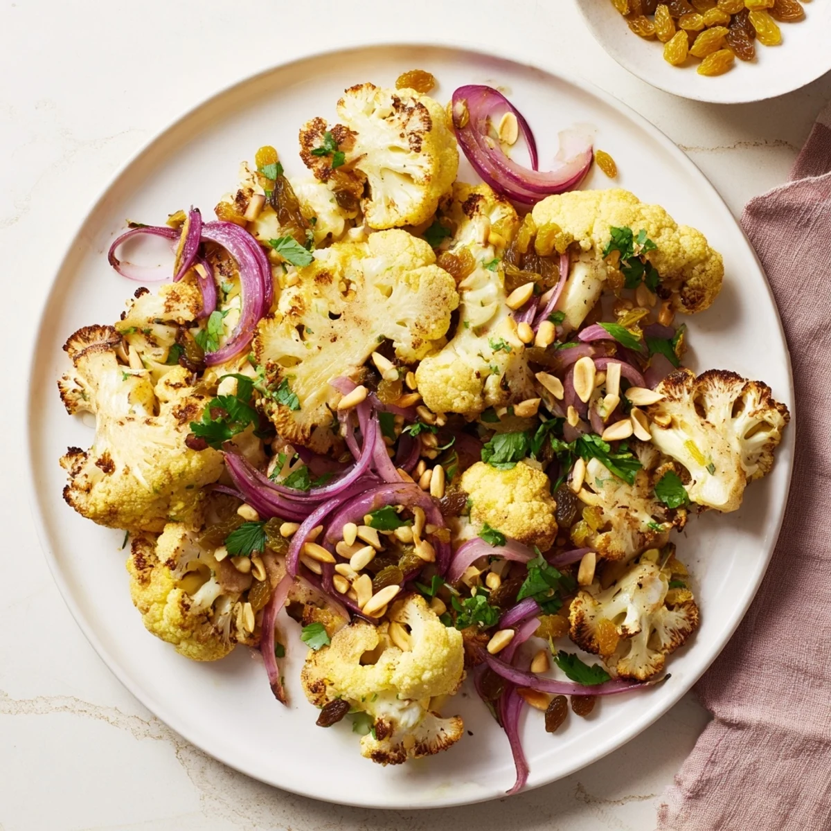 Golden roasted cauliflower salad with lemon pine-nut dressing; a bright, flavorful Mediterranean meal.