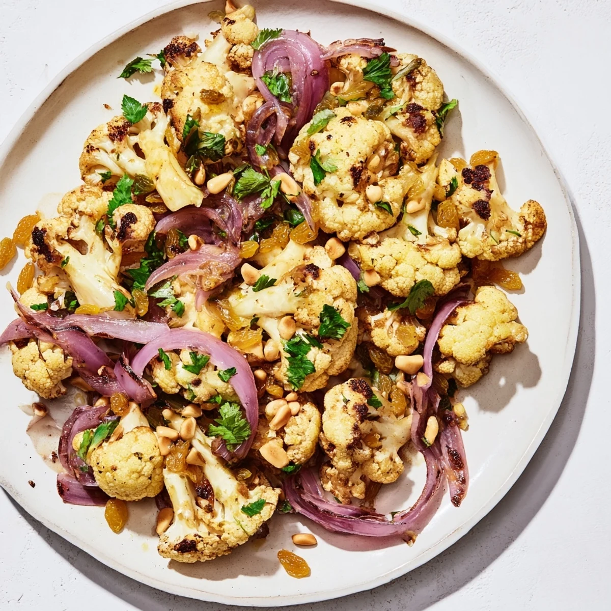 Freshly tossed, warm roasted cauliflower and lemon pine-nut dressing salad, ready to eat now.