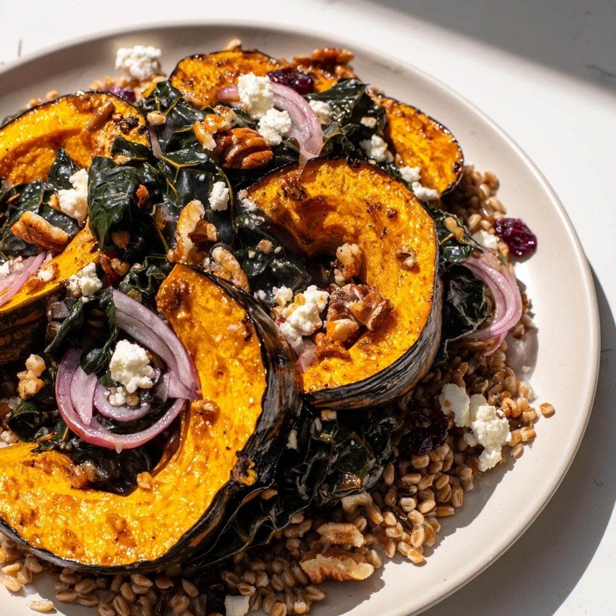 Golden roasted squash slices atop a vibrant farro and mustard green salad, ready to enjoy.