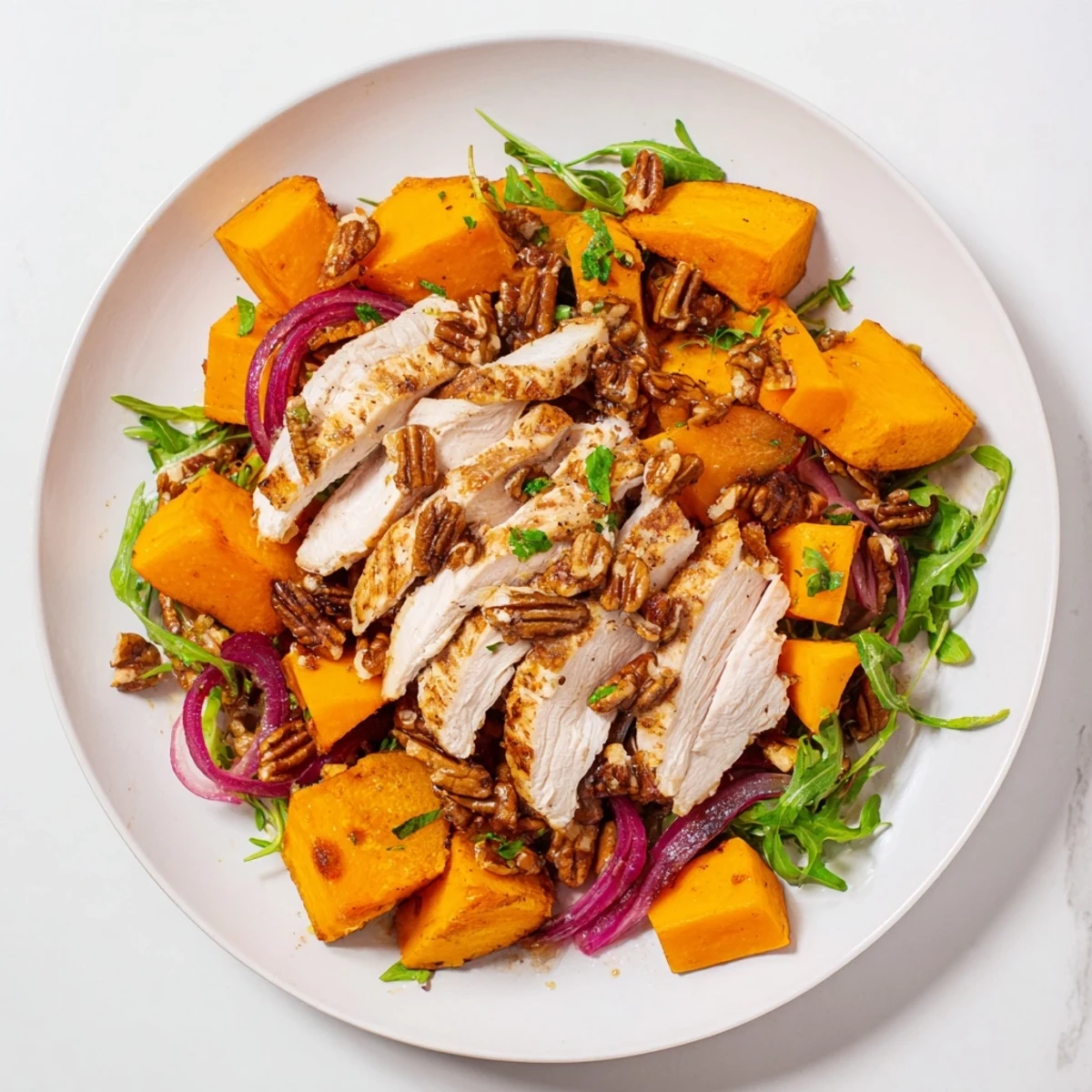 Sheet-pan Roasted Chicken & Winter Squash Salad offers a beautiful medley of colors with tender chicken pieces.