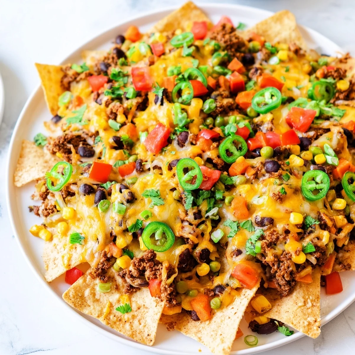 Easy sheet-pan nachos with crunchy tortilla chips, savory beans, warm vegetables, and a sprinkle of spring onions.