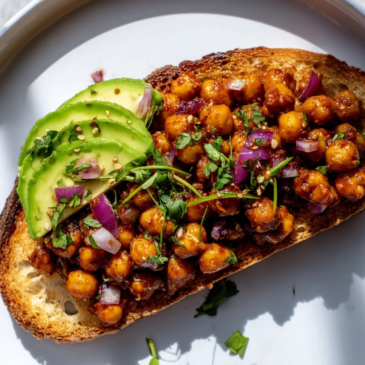 Savory BBQ chickpeas on toasted bread, piled high for a satisfying, plant-based dinner recipe.