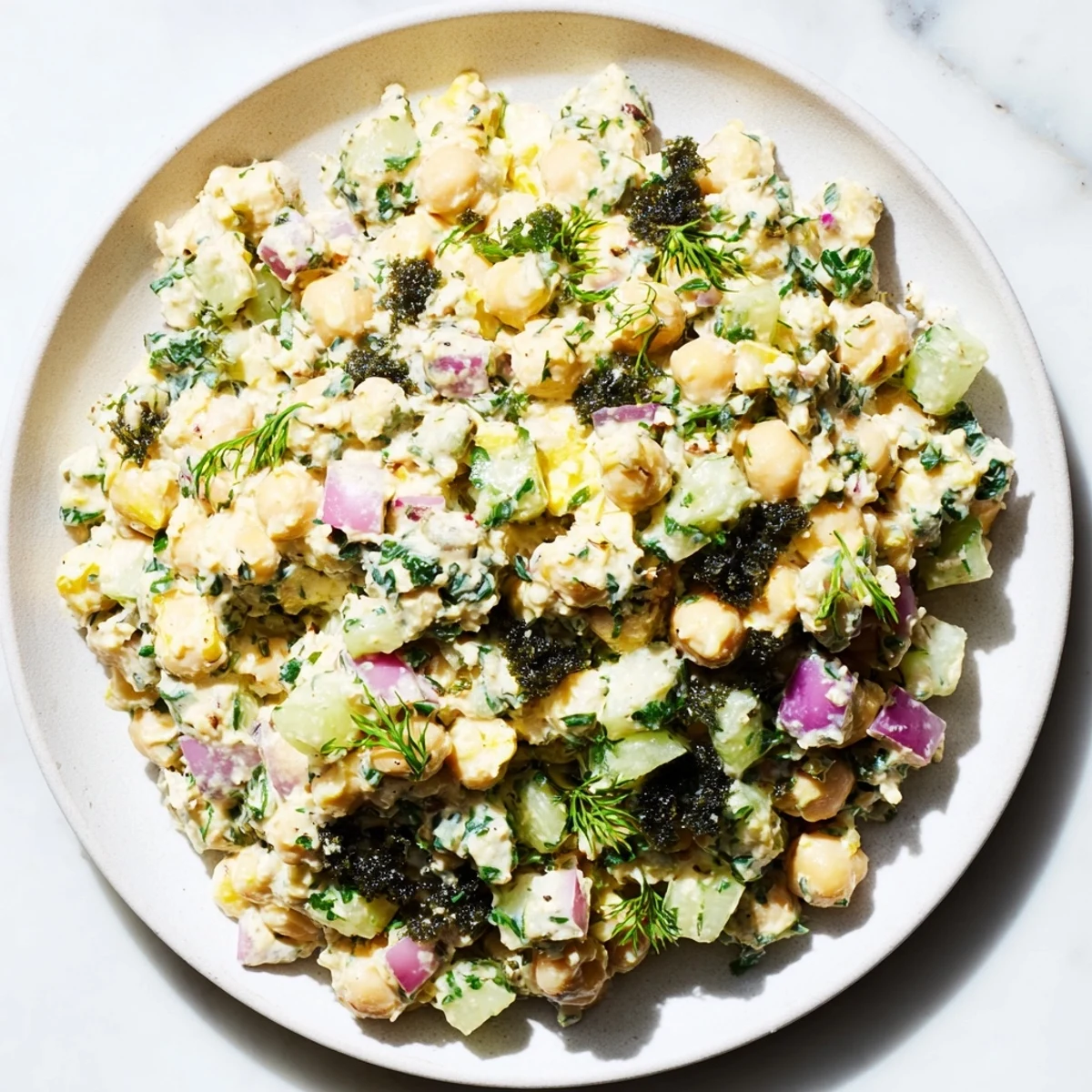 Vibrant plate of chickpea tuna salad, tossed in a creamy dressing ready to enjoy as a salad.