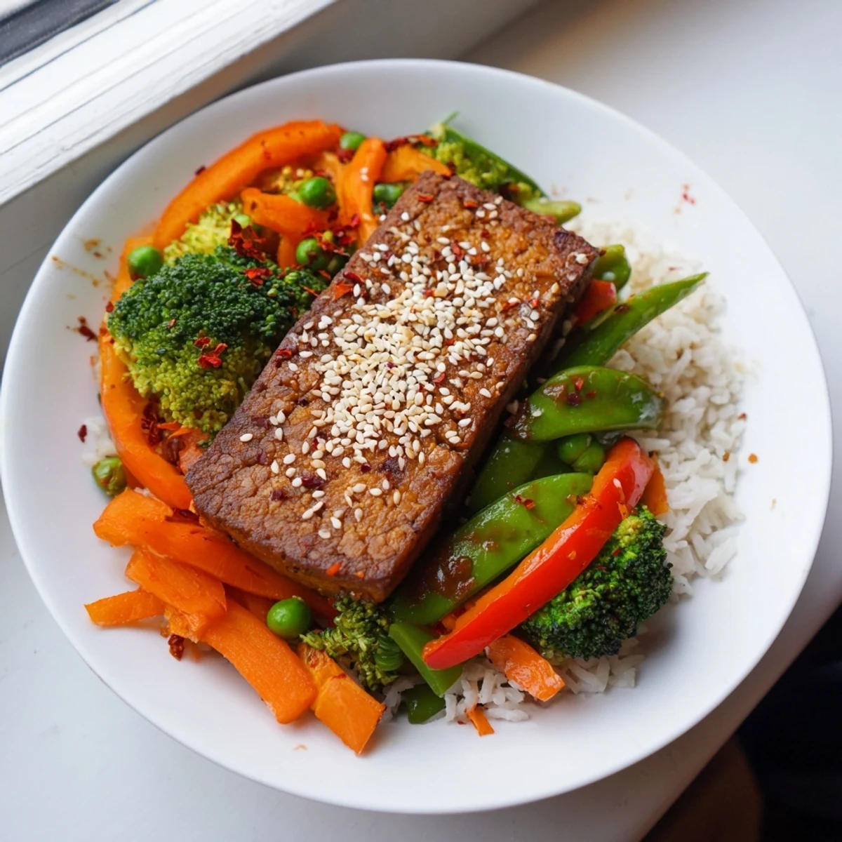 Golden, crispy pressed tofu steaks alongside colorful stir-fried vegetables and fluffy rice.