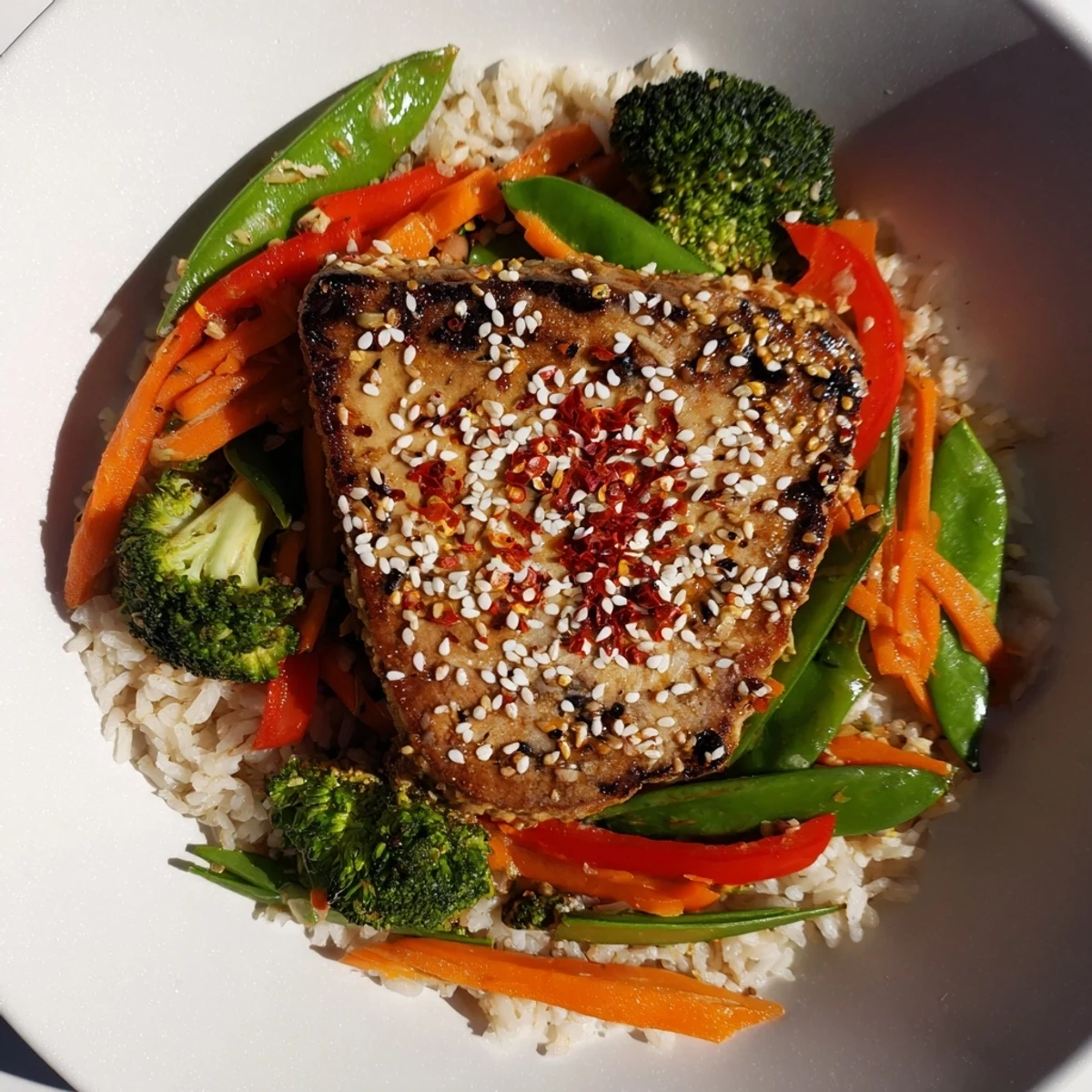 A plate of flavorful Pressed Tofu Steaks with steamed rice, garnished with fresh spring onions and toasted sesame seeds.