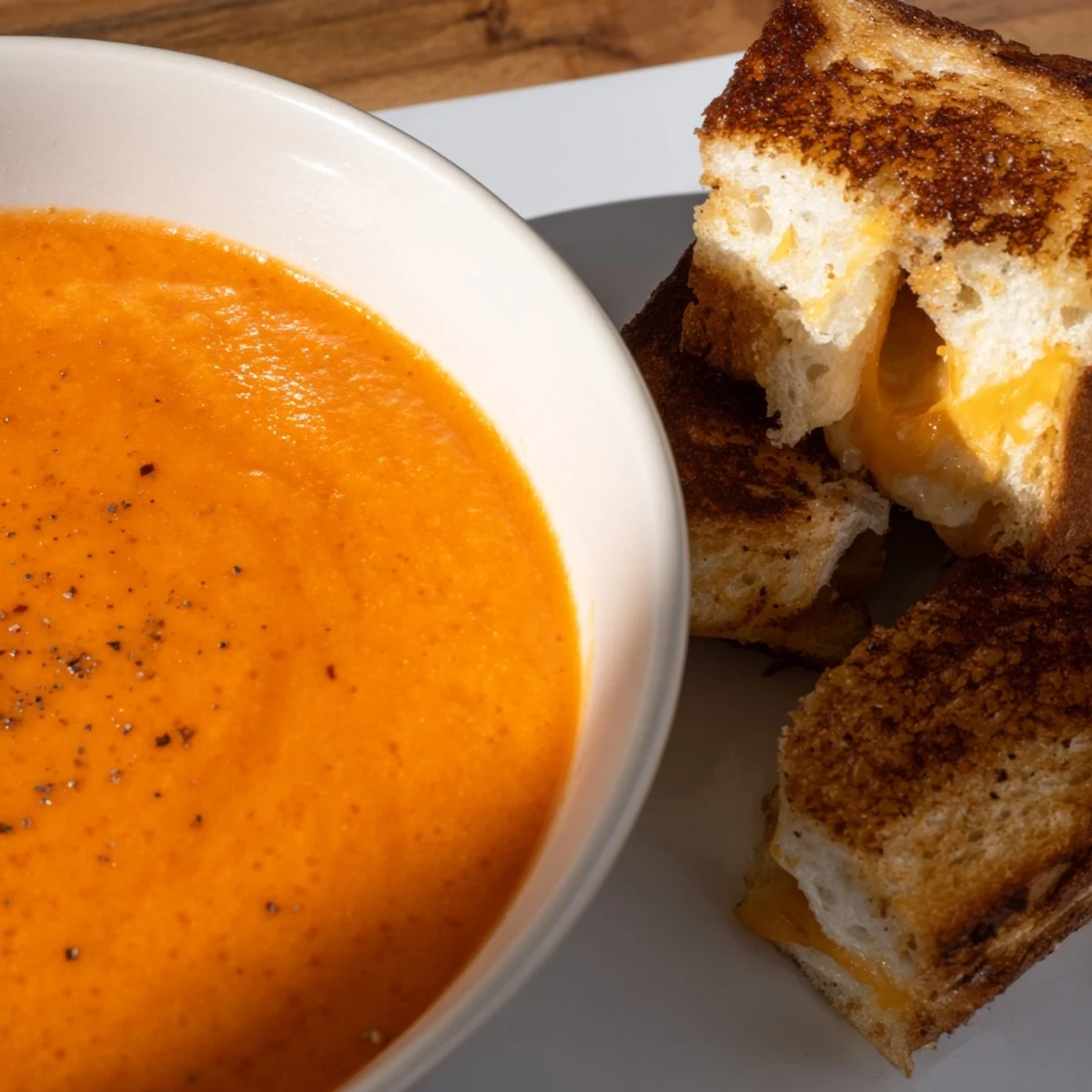 Steaming bowl of 5-Ingredient Tomato Soup beside grilled cheese, perfect for a cozy, comforting lunch.