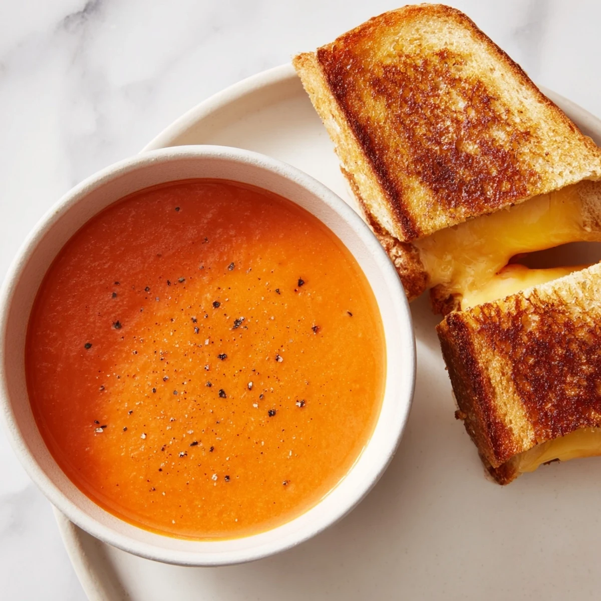 Warm, rich 5-Ingredient Tomato Soup with the aroma of buttered toast, served alongside for dipping.