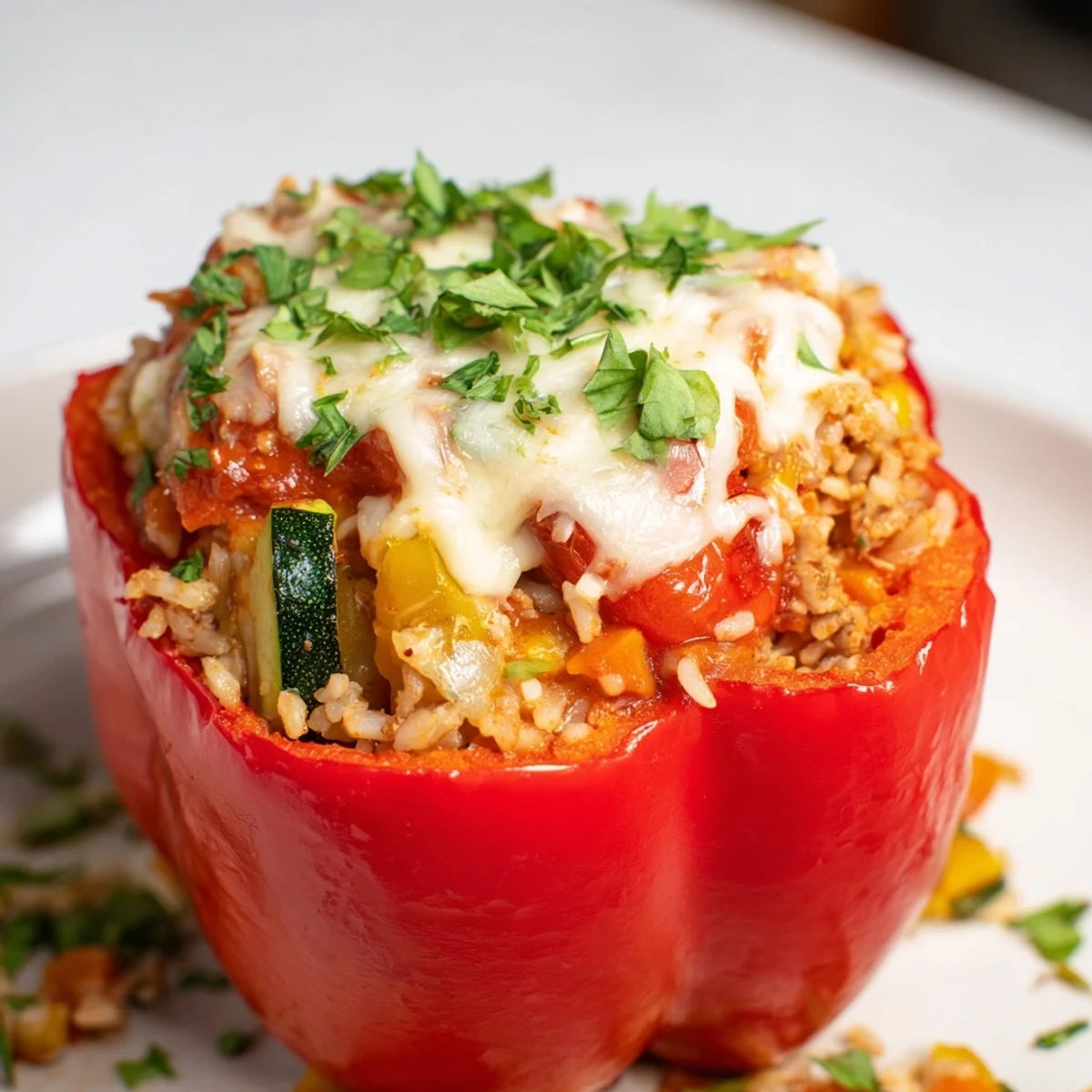 Savory Stuffed Peppers with turkey and rice, in a baking dish, ready for a comforting meal.