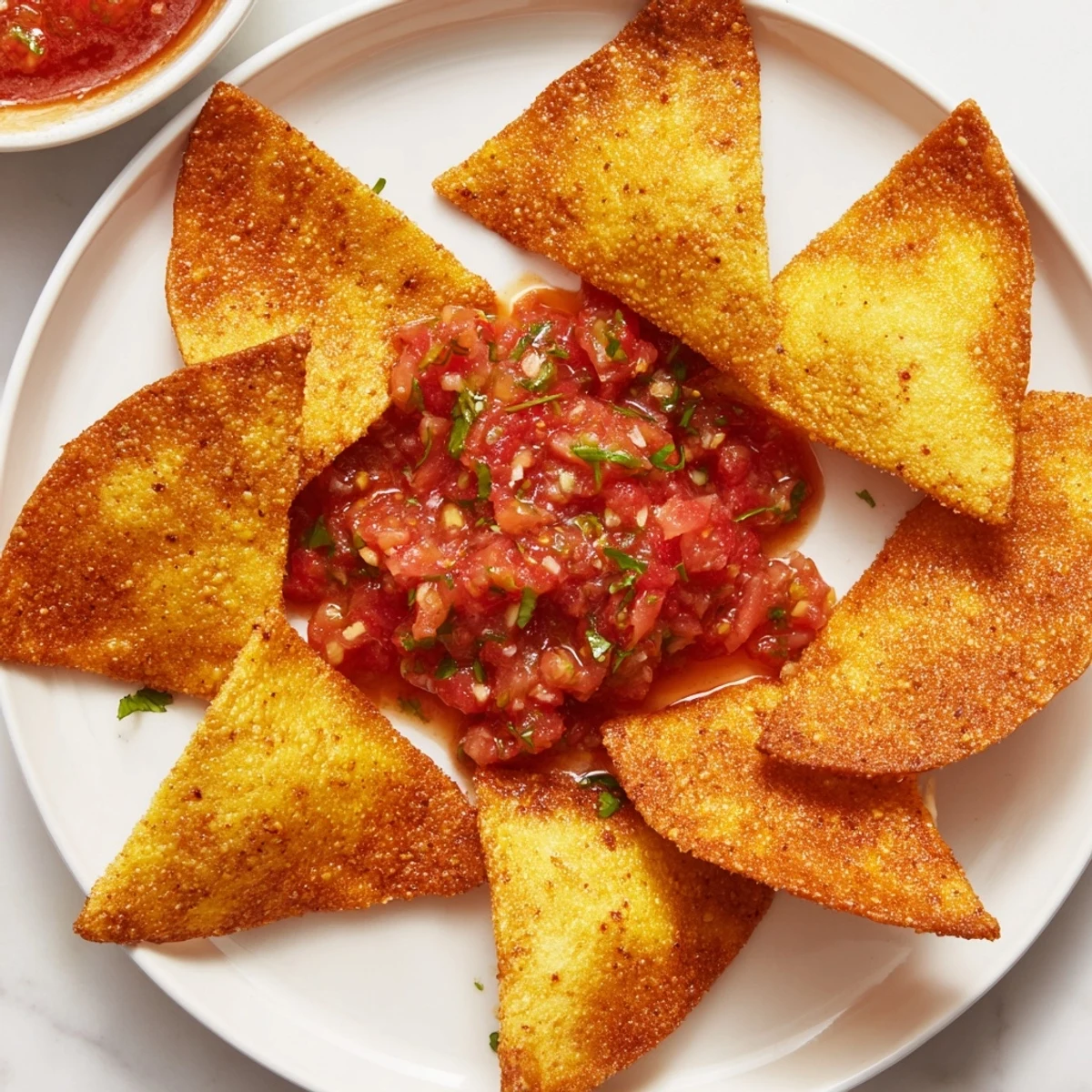 Golden-brown air-fryer tortilla chips ready to be dipped into a vibrant homemade salsa.