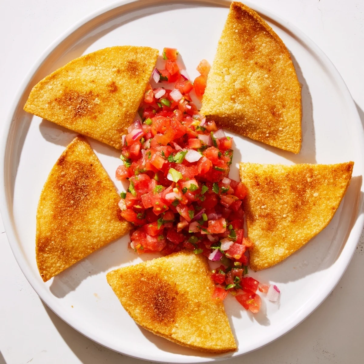Close-up of air-fryer tortilla chips, perfectly seasoned, alongside a bowl of zesty homemade salsa.