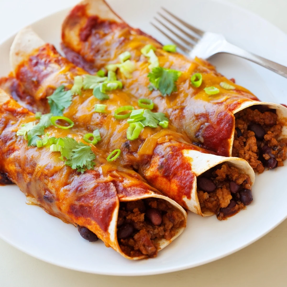 Golden-brown Cheesy Bean Enchiladas fresh from the oven, served with optional cilantro garnish.