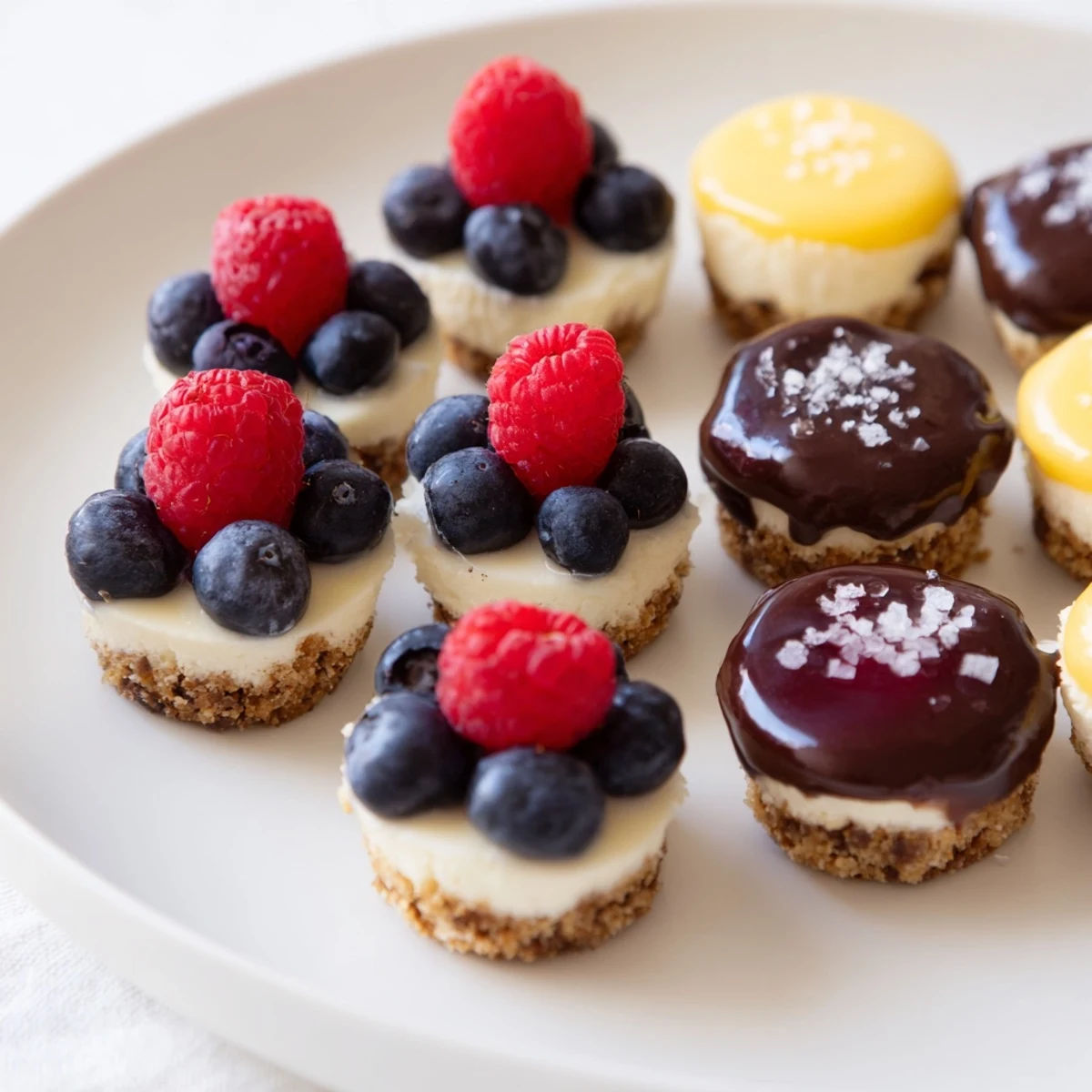 Fresh berries top the creamy mini cheesecake bites, contrasting playfully with the chocolate and lemon.