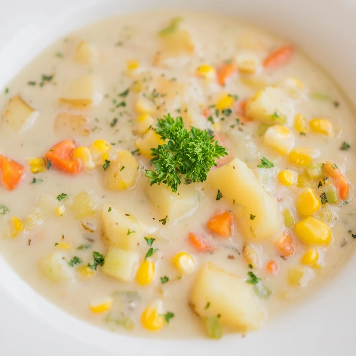 Creamy Corn & Potato Chowder in a bowl, garnished with herbs and ready to serve.