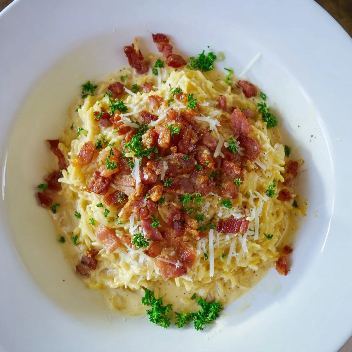 A close-up shot of the Instant Pot carbonara ramen hack, ready to be enjoyed as a flavorful dinner.