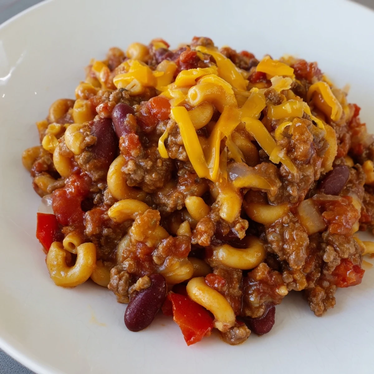 Steaming hot Cheeseburger Chili Mac Skillet, topped with melted cheddar, ready for a comforting weeknight dinner.
