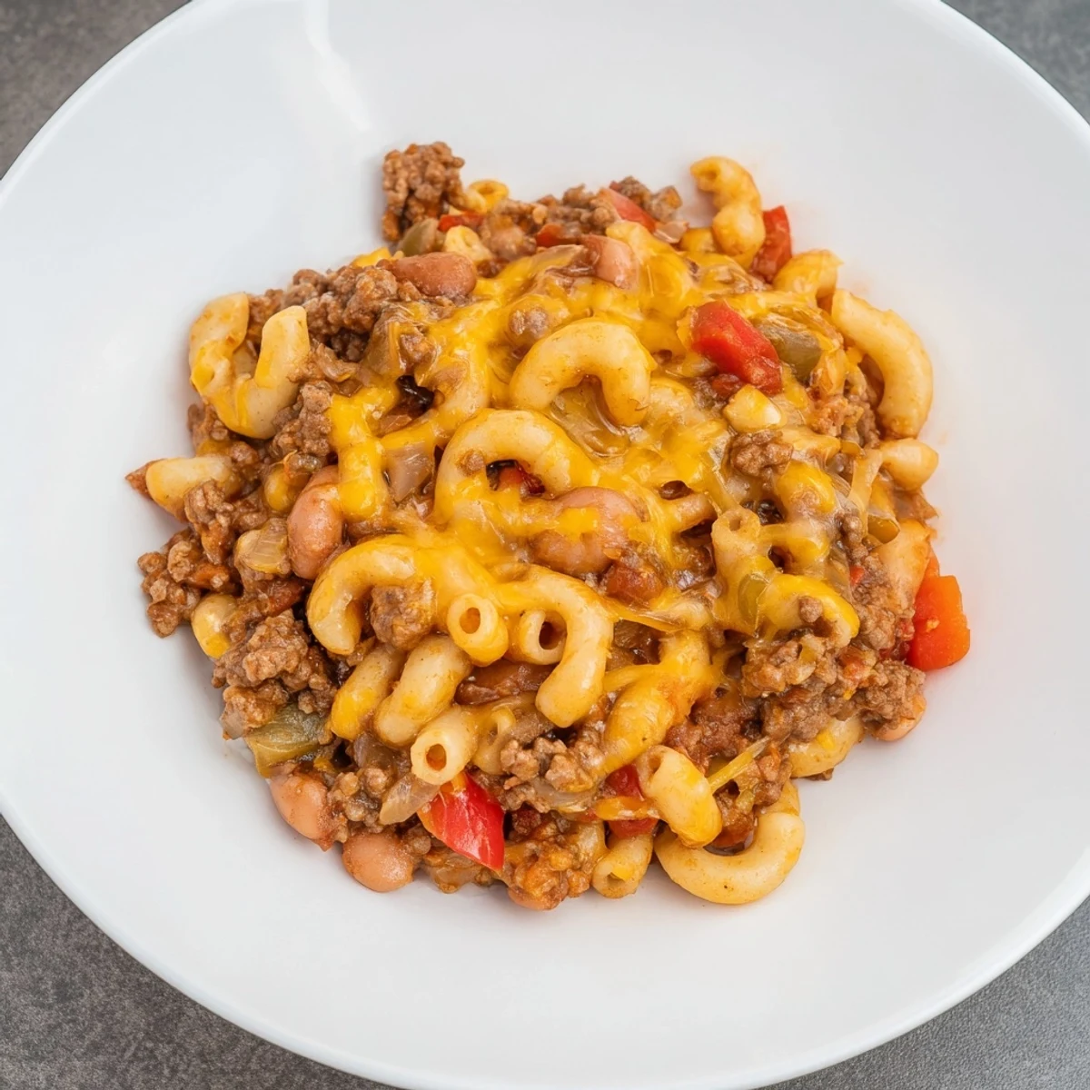 Close-up of a bubbling Cheeseburger Chili Mac Skillet showcasing the rich sauce and perfectly melted cheese topping.