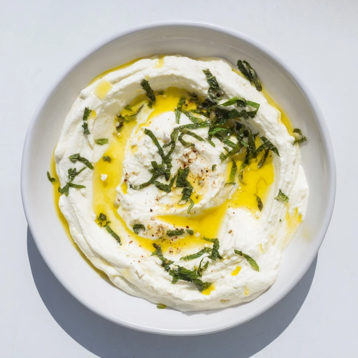 Creamy, smooth whipped feta dip with bright lemon-mint drizzle, ideal with pita bread.