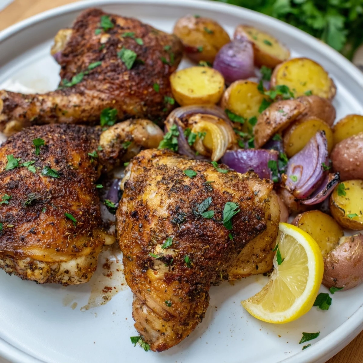 Crispy-skinned Sheet Pan Zaatar Chicken, seasoned to perfection, with tender roasted potatoes and red onions.