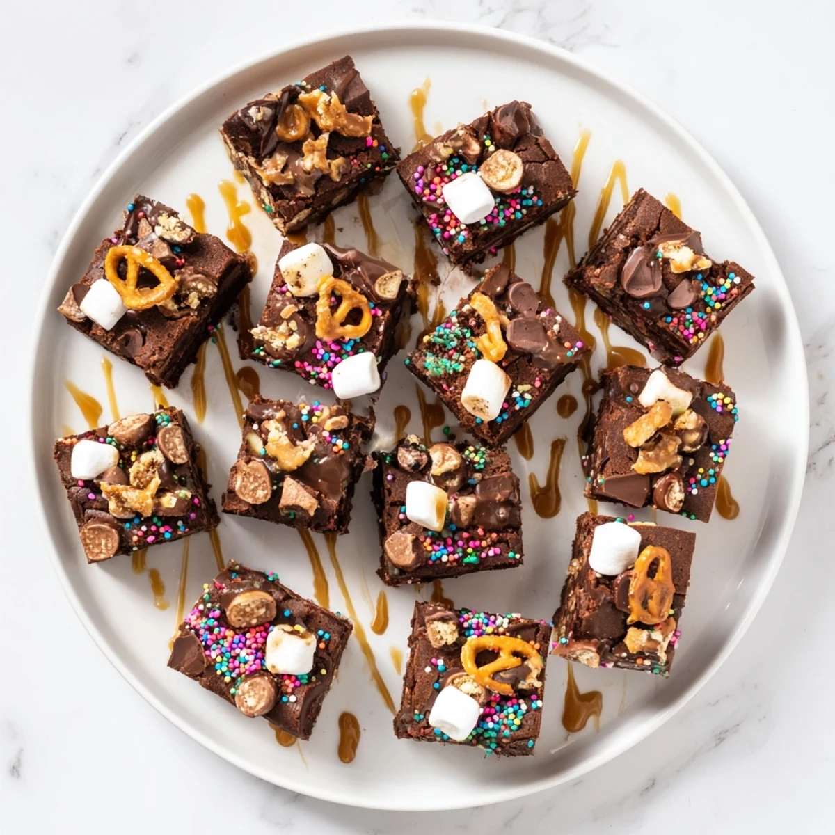 Fudgy Chaos Chocolate Cake Bites, studded with sprinkles and nuts, ready for dessert enjoyment.