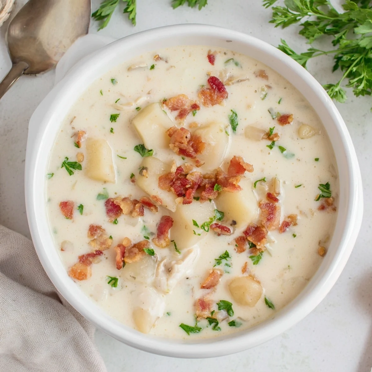 Close-up of freshly made New England Clam Chowder, showcasing the creamy broth and potatoes.