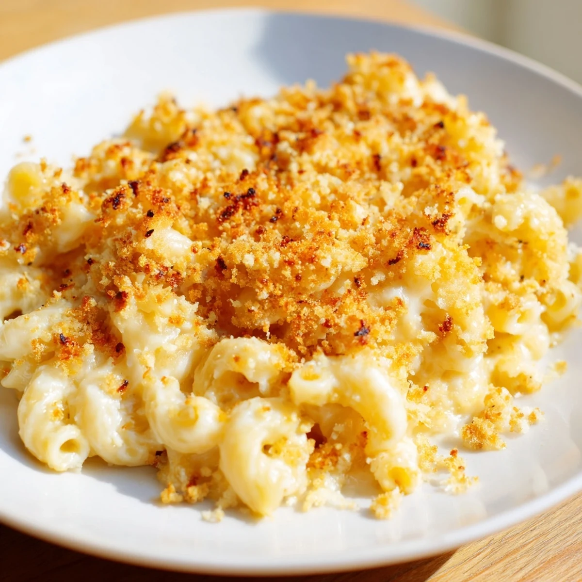 A close-up view of creamy, cheesy Old-Fashioned Baked Mac & Cheese, fresh from the oven, ready to serve.